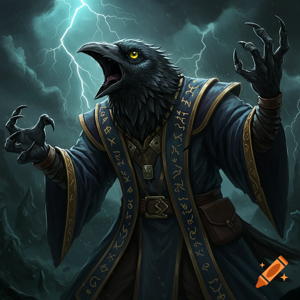 A screaming crow creature in wizard robes under a lightning storm.