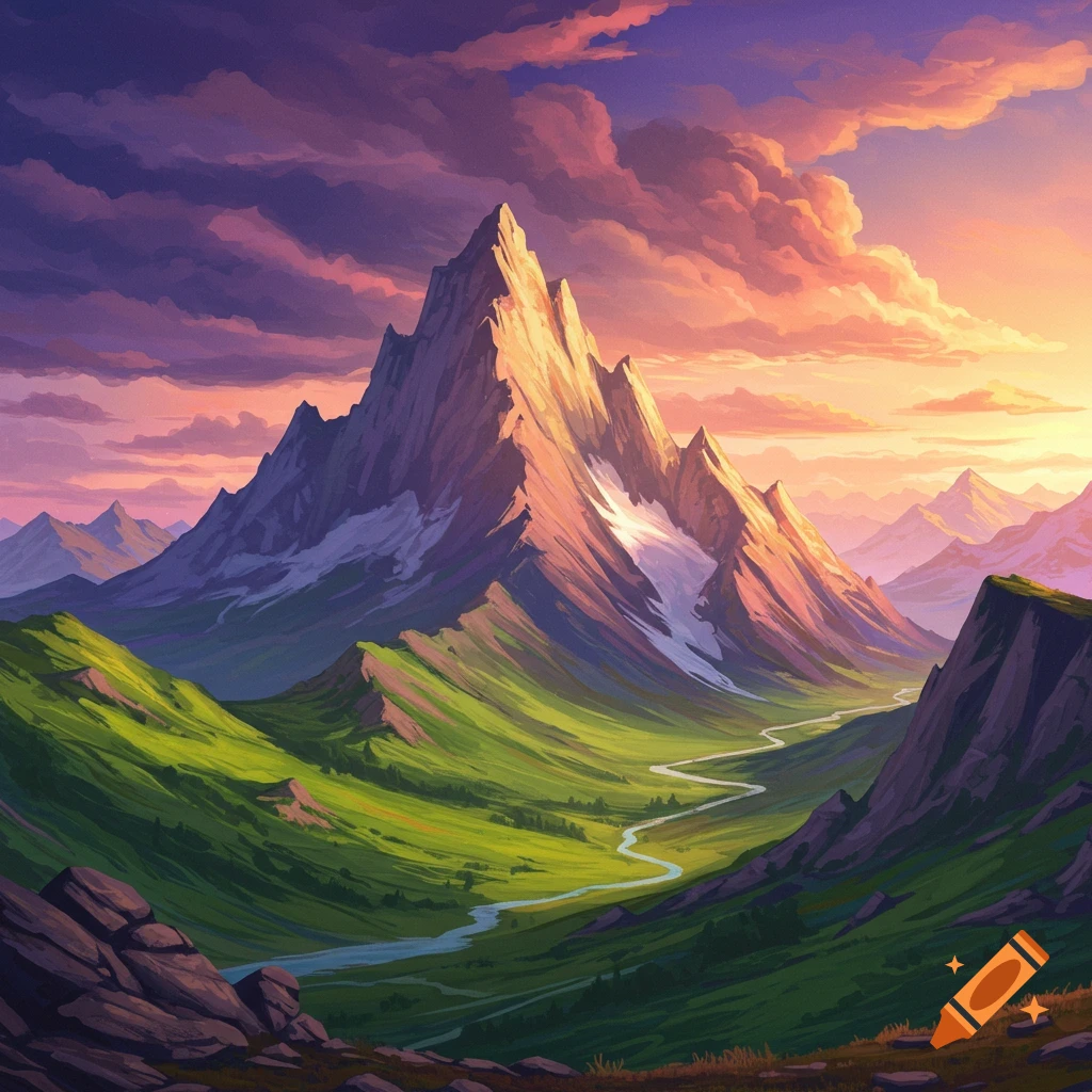 A mountain landscape with a river winding through a valley under a dramatic sky.