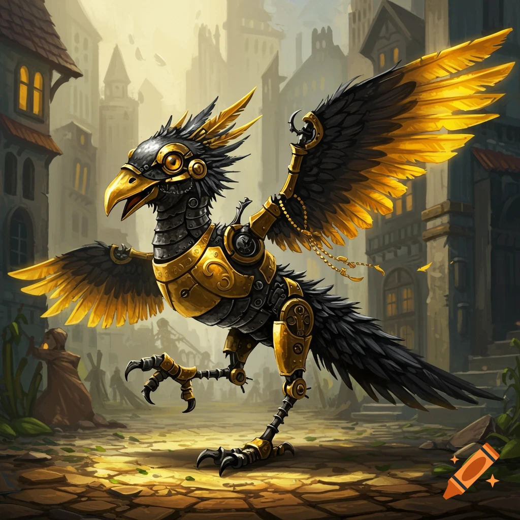 A black and gold mechanical bird creature with wings and claws, standing on a cobblestone street in a fantasy town.