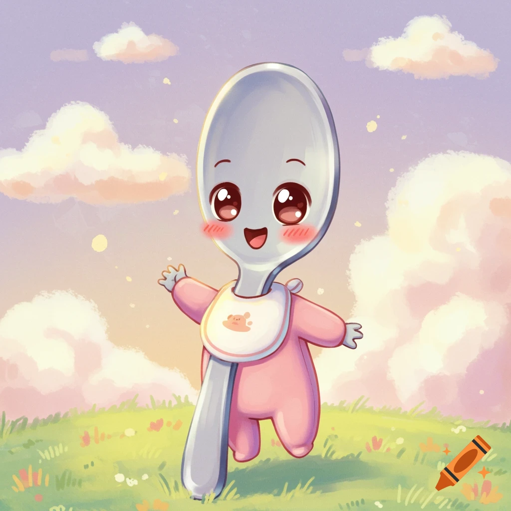 Cartoon baby character with a spoon head wearing a bib, standing in a grassy field under a cloudy sky.