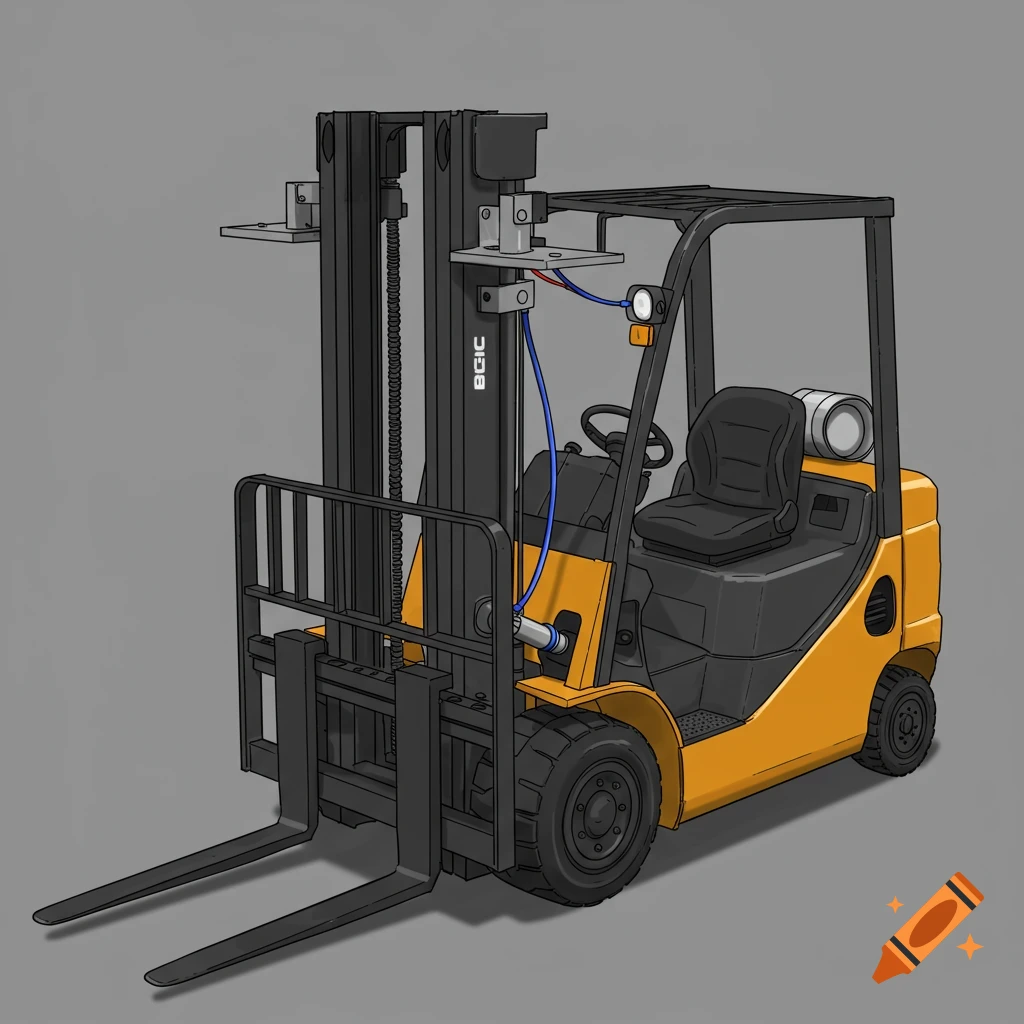Digital illustration of a yellow and black forklift on a grey background.
