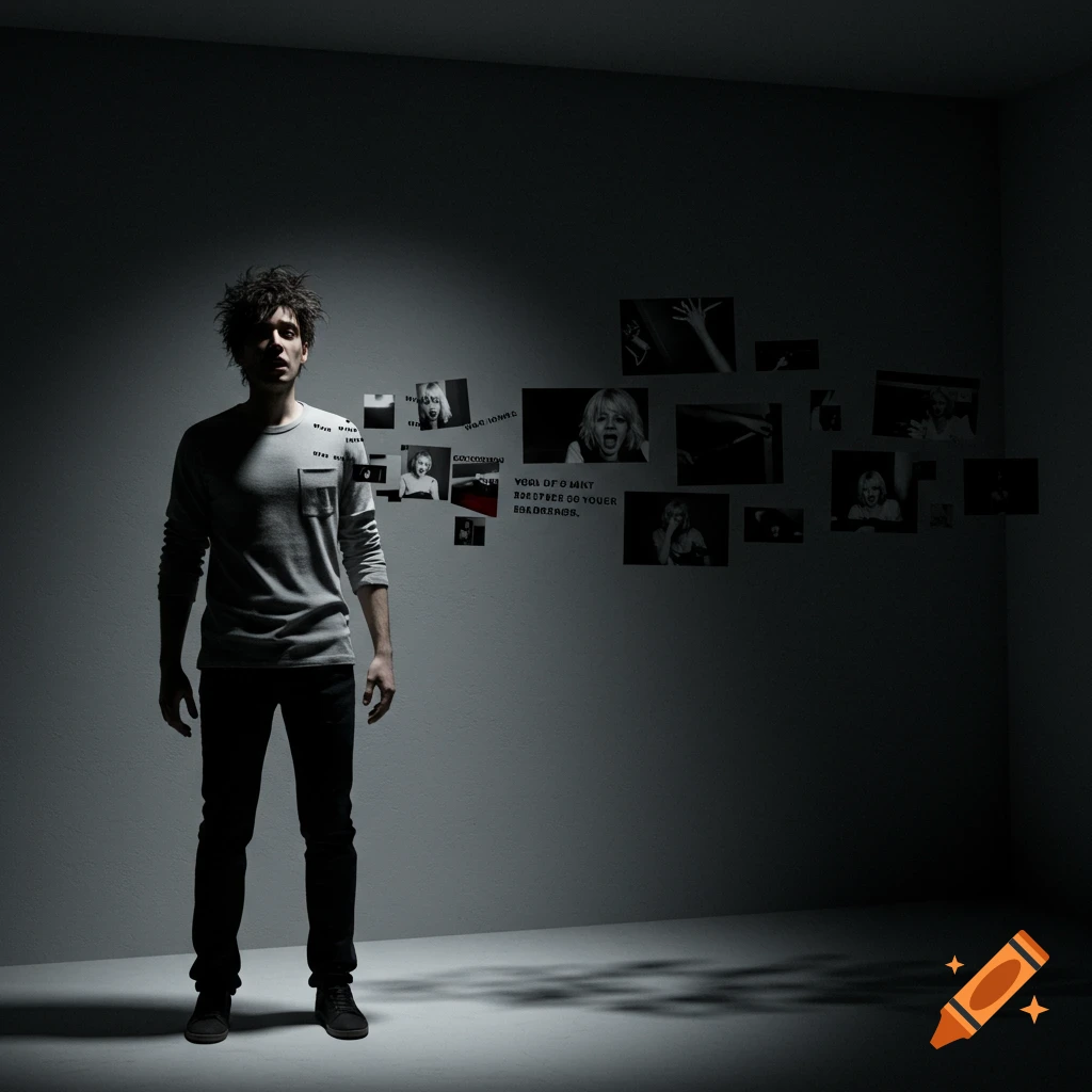 A man stands in a dark, minimal room, looking confused, with scattered photos of distressed faces and illegible text on the wall behind him.
