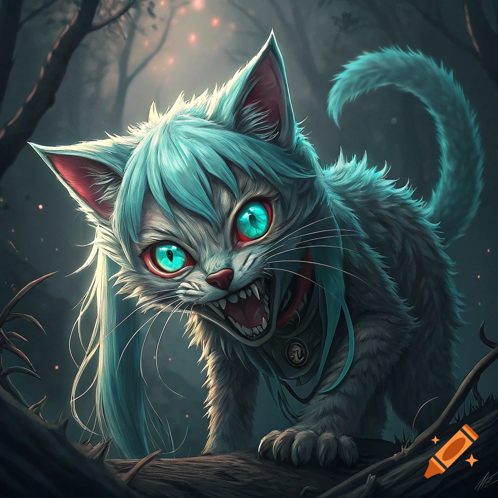 A scary cat with glowing blue eyes and blue hair snarls in a dark forest.
