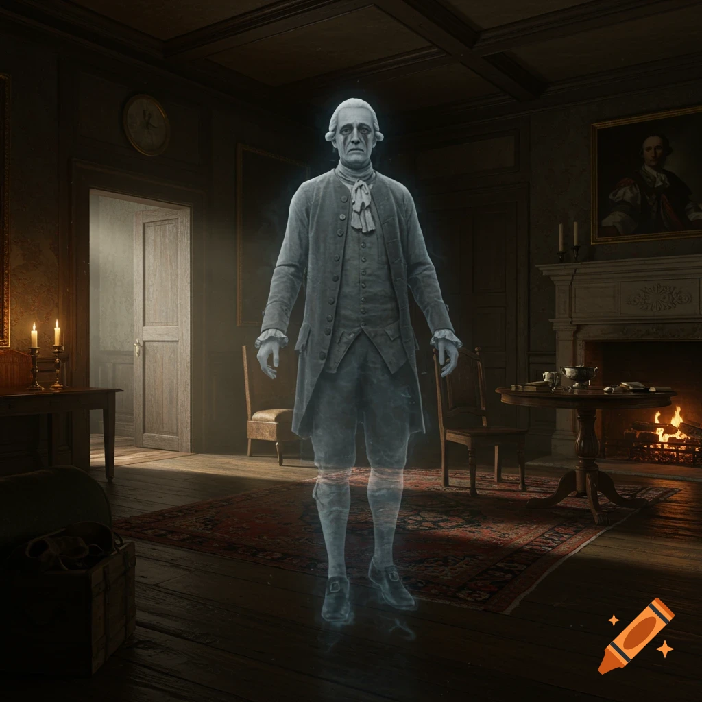 A translucent ghost in 1700s attire stands in a dimly lit historical room with a fireplace.