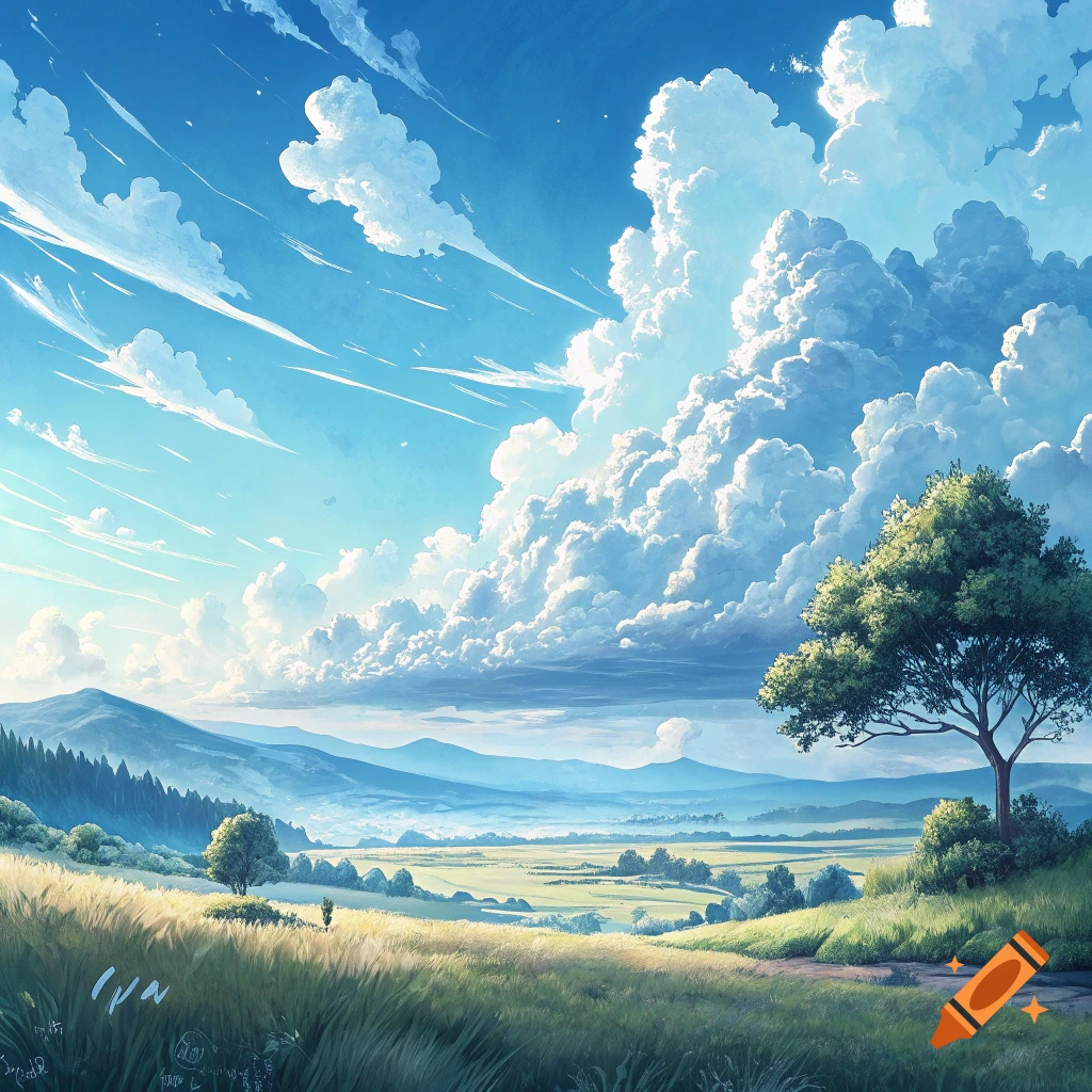 Bright landscape with dramatic clouds and sun over fields and hills, anime style.