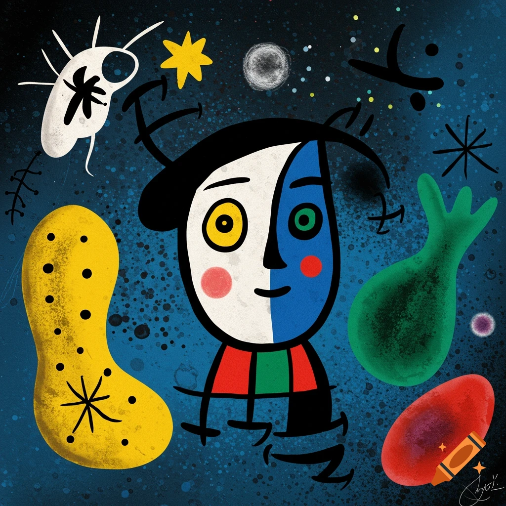 Abstract cosmic scene in Joan Miro style with a face, shapes, and stars.