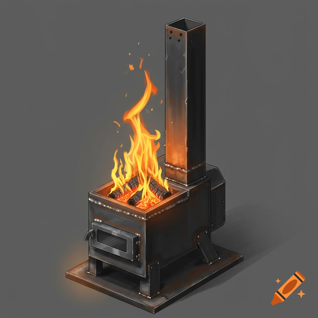 An illustration of a black metal rocket stove with a fire burning inside.