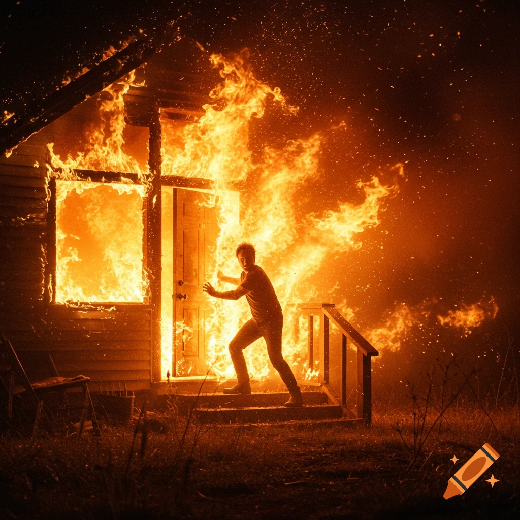 A person stands on steps holding the door shut while a house burns intensely around them, in a dramatic photorealistic style.