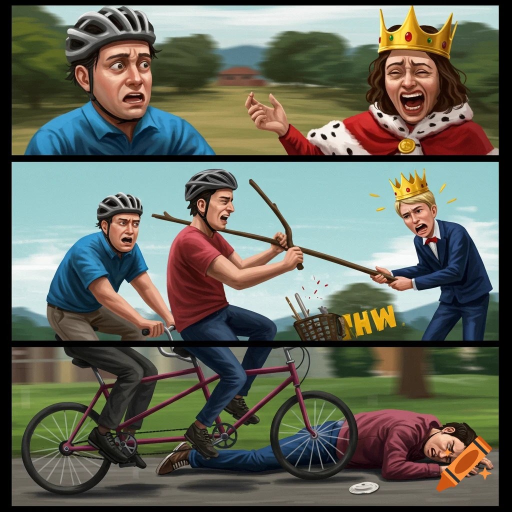 Three-panel comic art of a tandem bike accident, including a scared cyclist, a person with sticks, a fall, and a crowned figure.