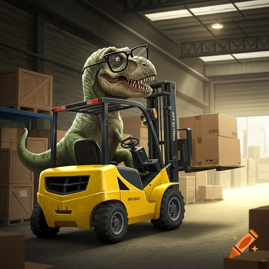 A T-rex wearing glasses is driving a yellow forklift and carrying boxes in a warehouse.