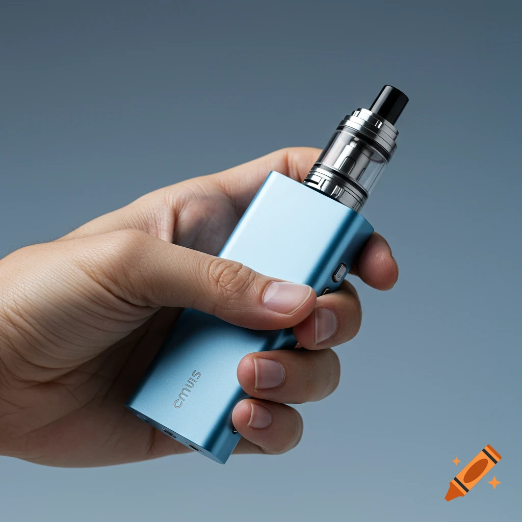 Hand holding a light blue vaporizer