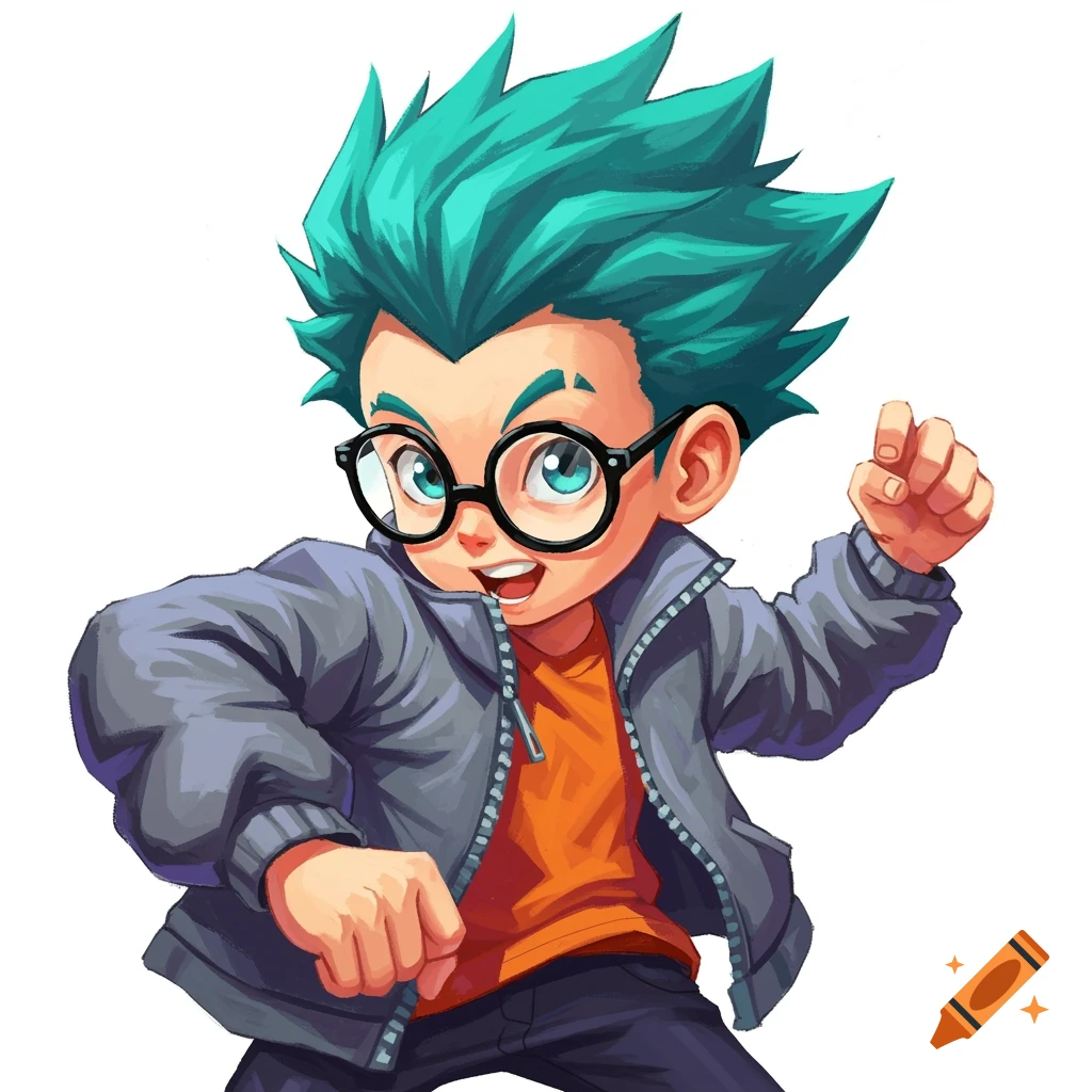 Cartoon illustration of a kid with teal hair and glasses wearing a jacket.