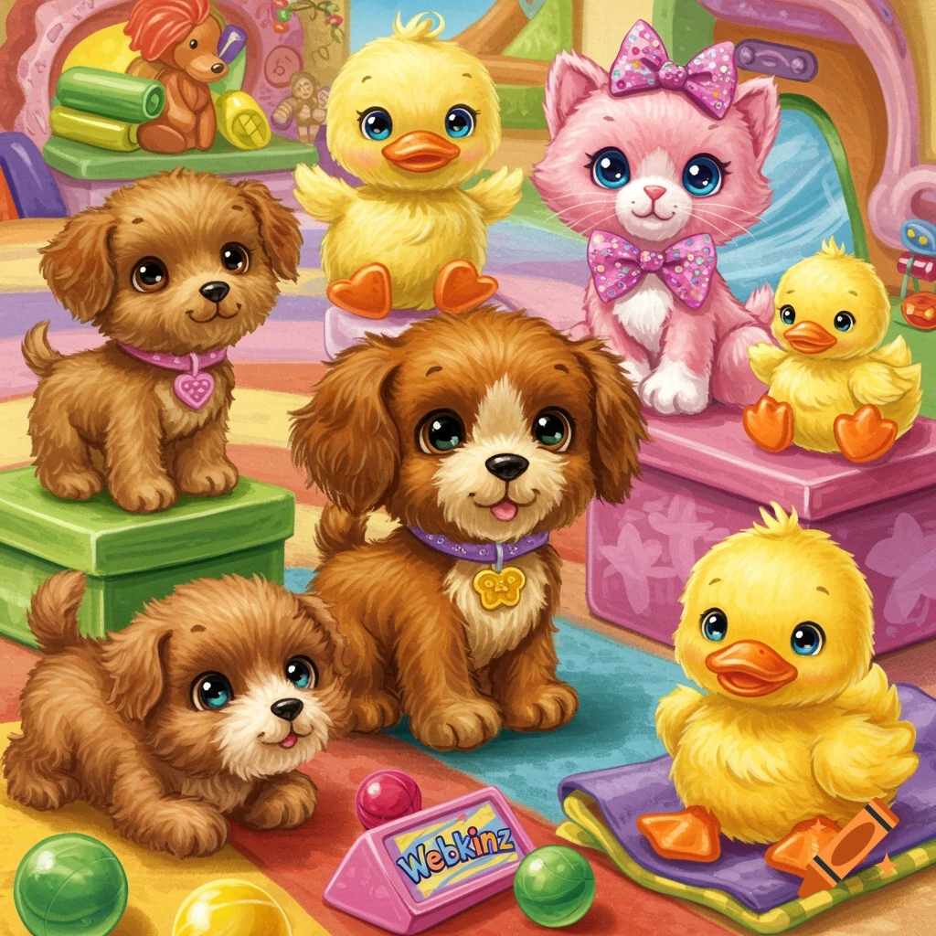 Cute plush puppies, a cat, and ducklings in a colorful playroom.