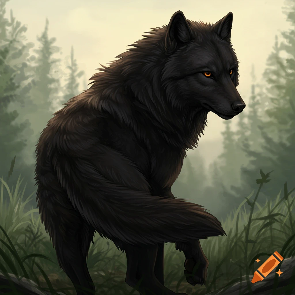 A black wolf looking back in a forest clearing.