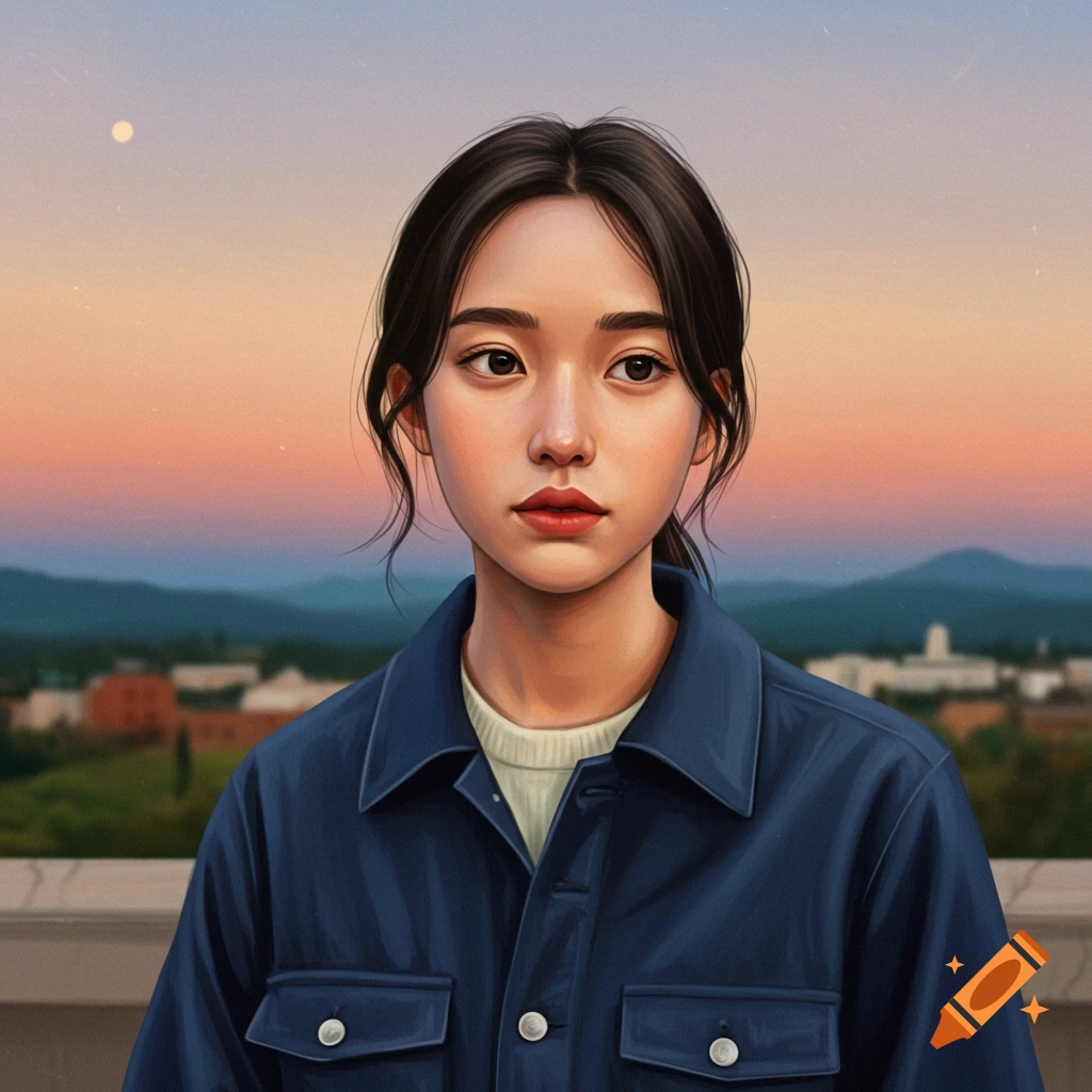 A young woman in a blue jacket stands against a sunset over mountains and buildings.
