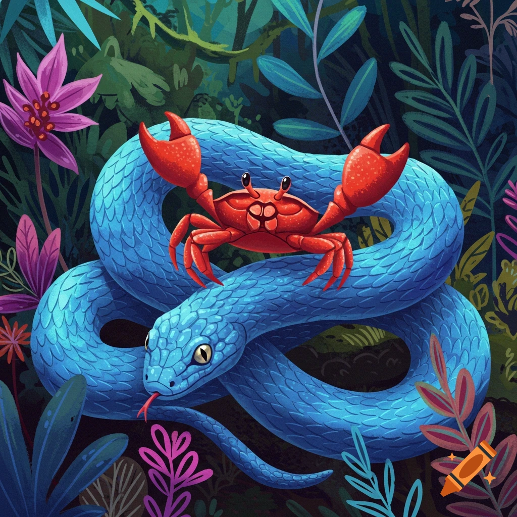 A digital illustration of a red crab riding on the back of a blue snake in a jungle.