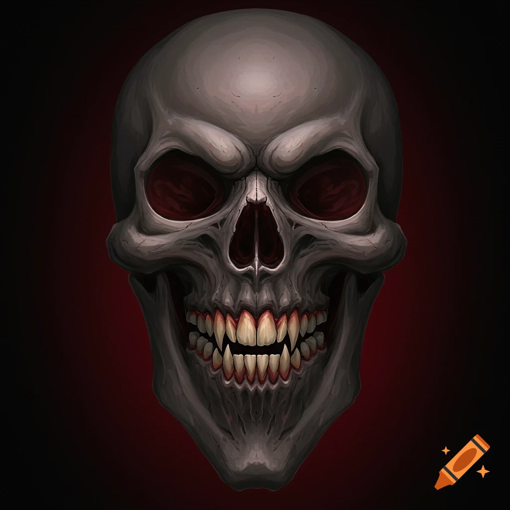 A skull with red eyes and an evil grin on a dark red background.
