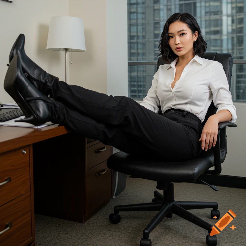 Woman with feet up on office desk wearing white shirt and black pants