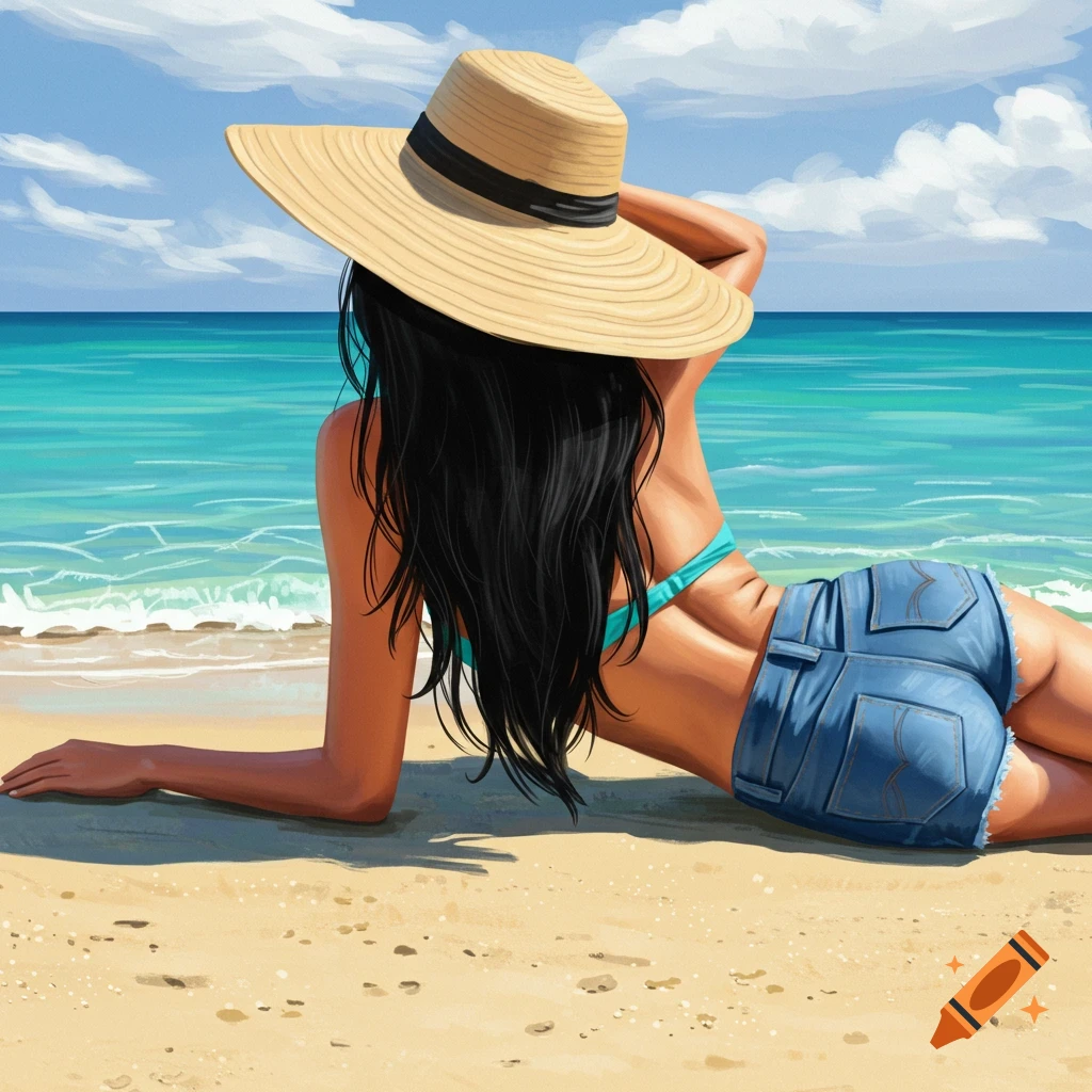 A woman in a hat and shorts lies on a sandy beach.