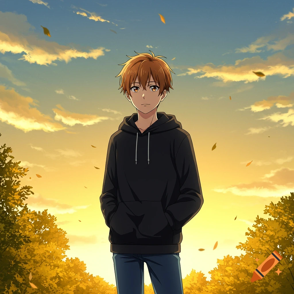 Anime boy in a black hoodie and jeans standing in an autumn forest at golden hour.