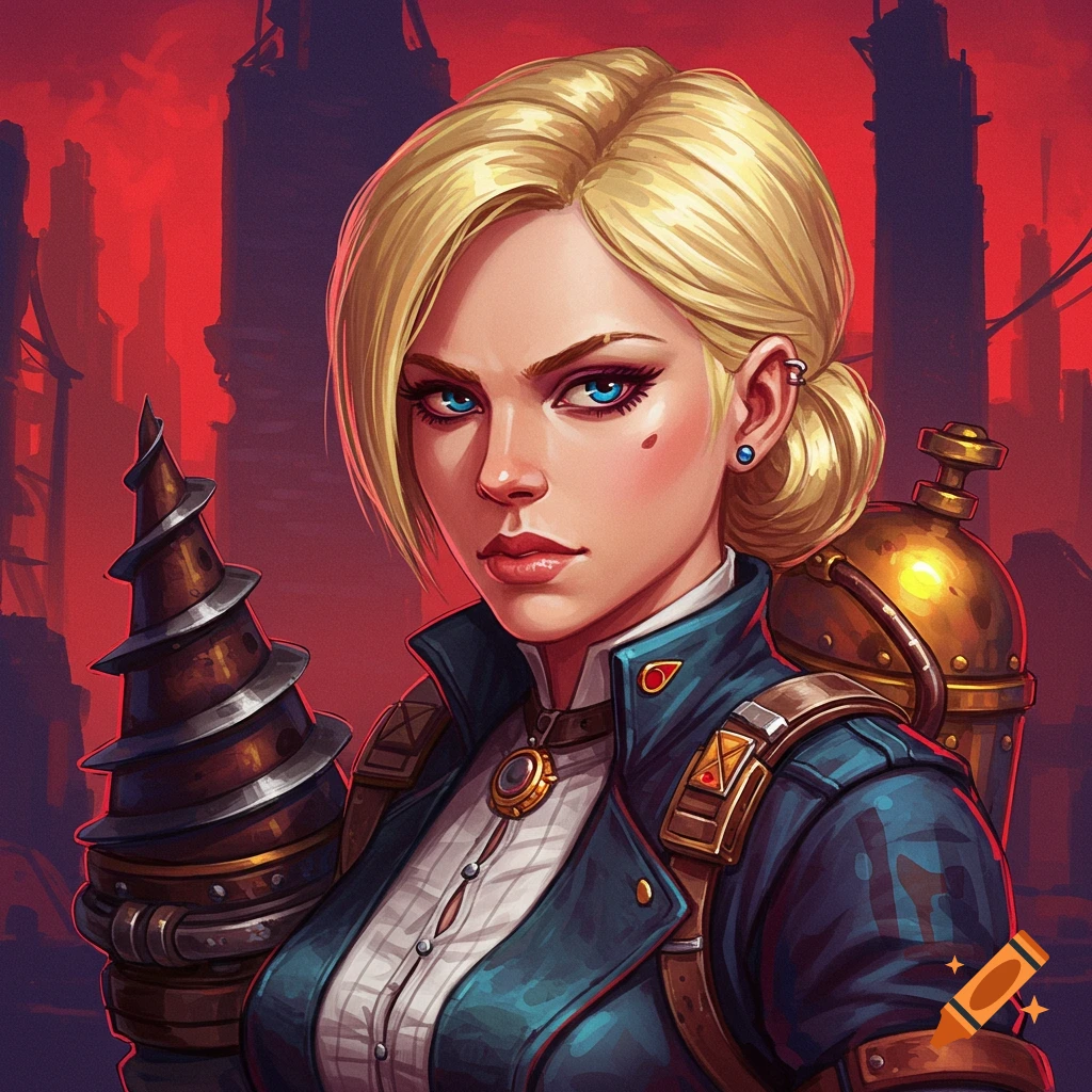 A blonde woman in steampunk gear holding a large drill against a red background.