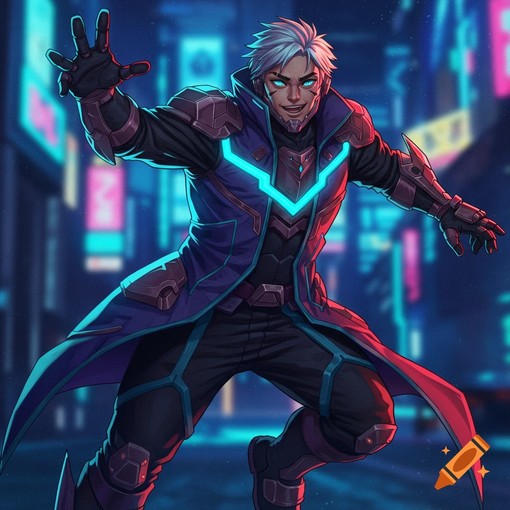 A male character wears a futuristic suit with glowing blue accents in a neon city.
