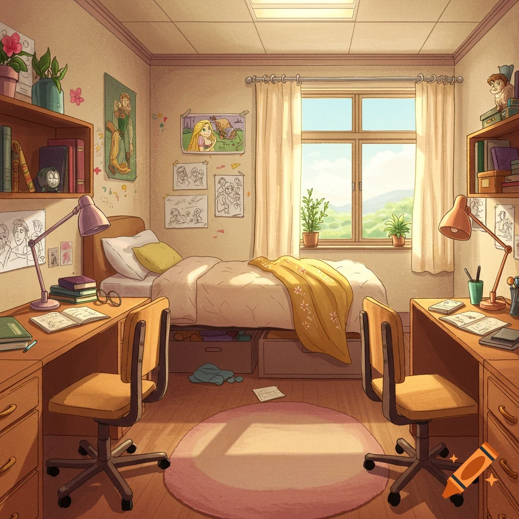 A cartoon illustration of a Rapunzel-themed dorm room with two desks and a bed.