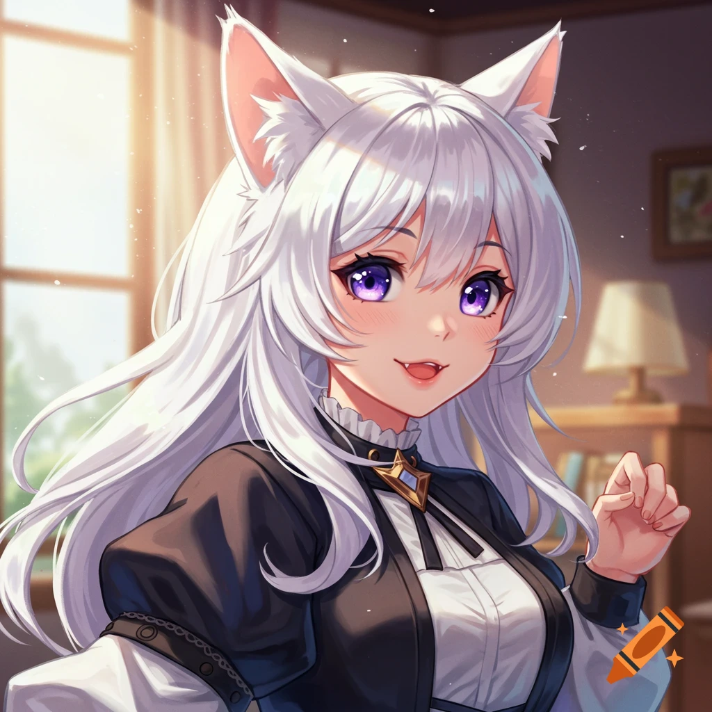 Anime portrait of a white-haired cat girl with purple eyes, smiling indoors.