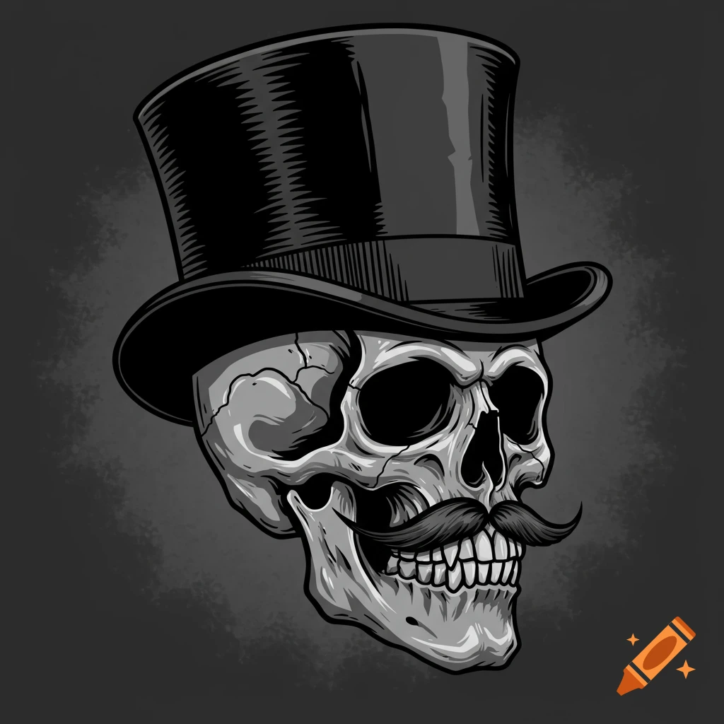Grayscale illustration of a skull wearing a top hat and mustache.