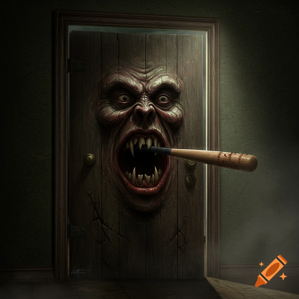 A monstrous face on a wooden door holds a baseball bat in its mouth.