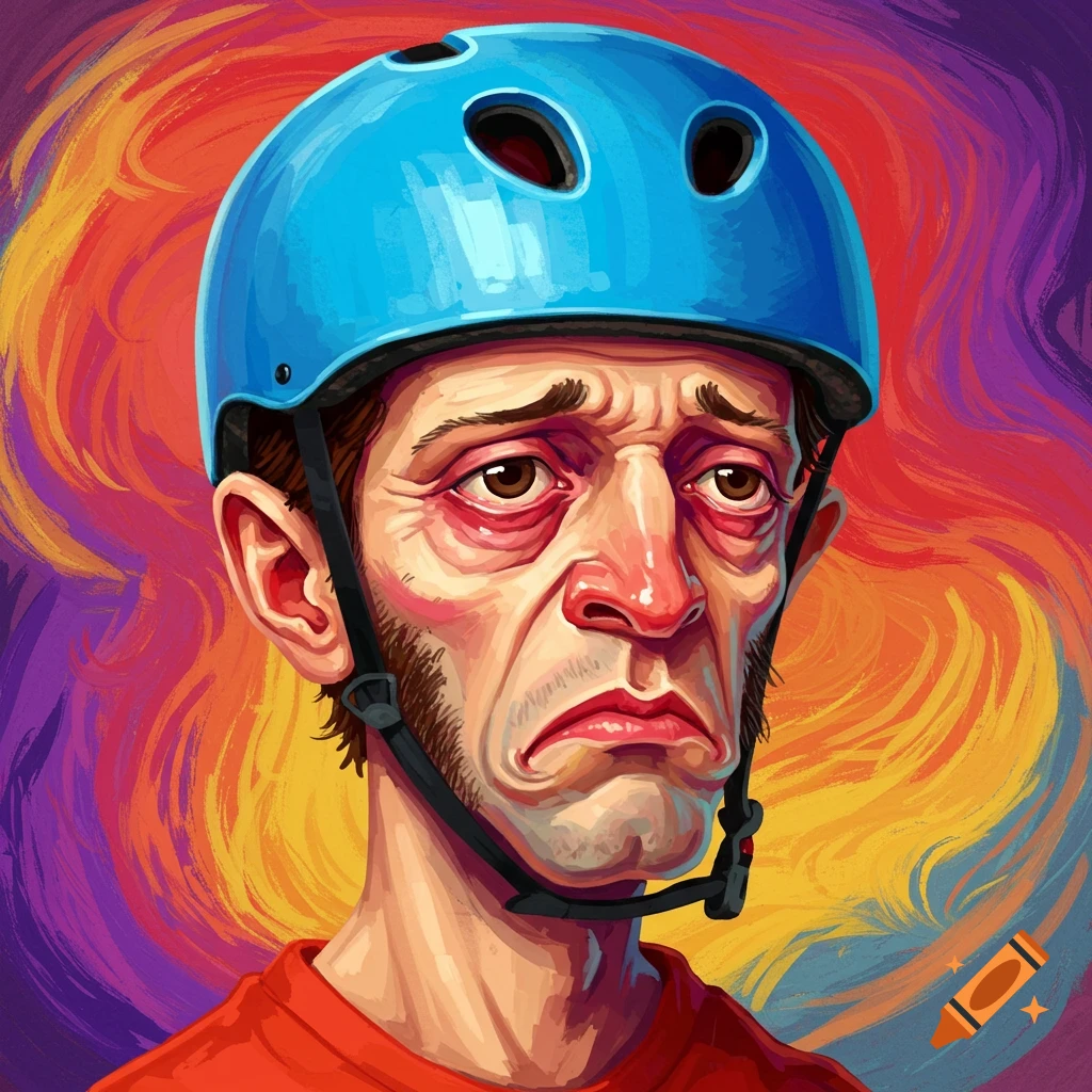 A sad man wearing a blue bicycle helmet against a colorful background