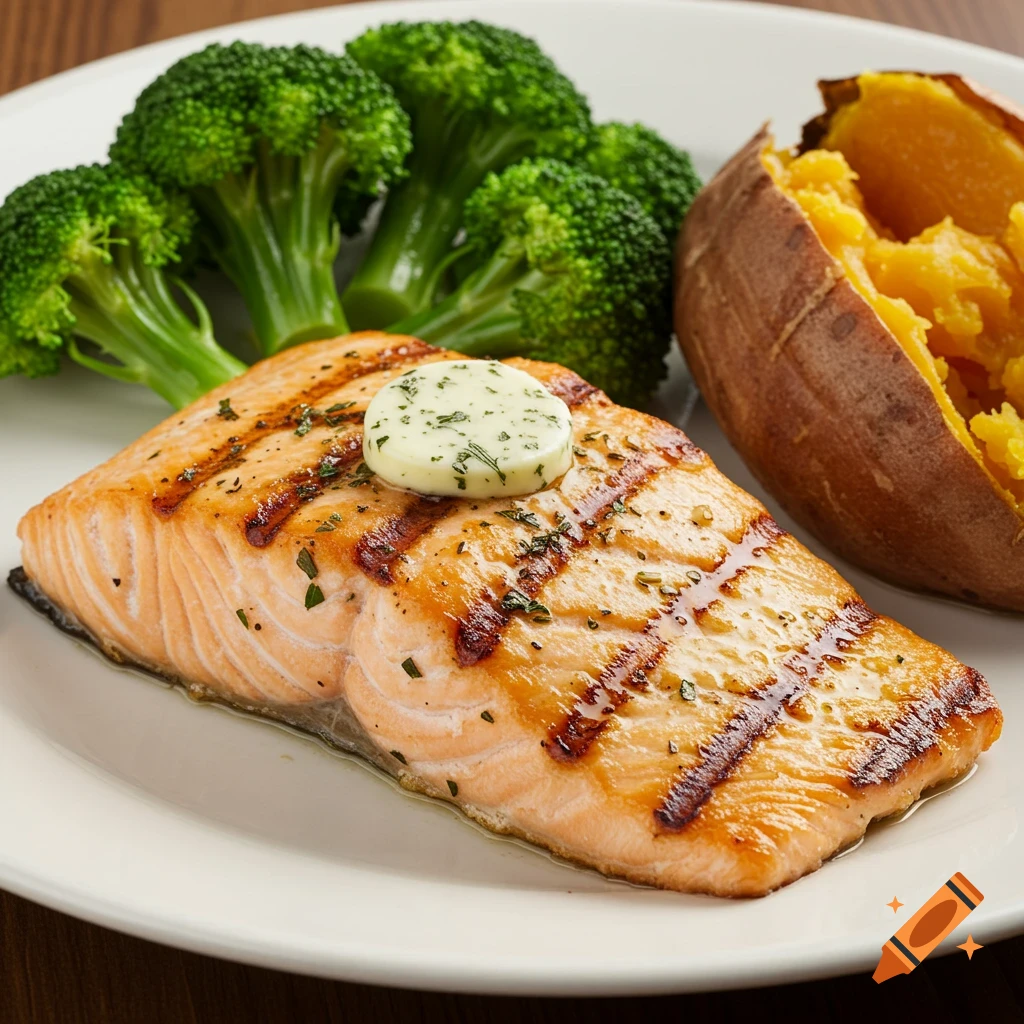Plate of grilled salmon with broccoli and baked sweet potato