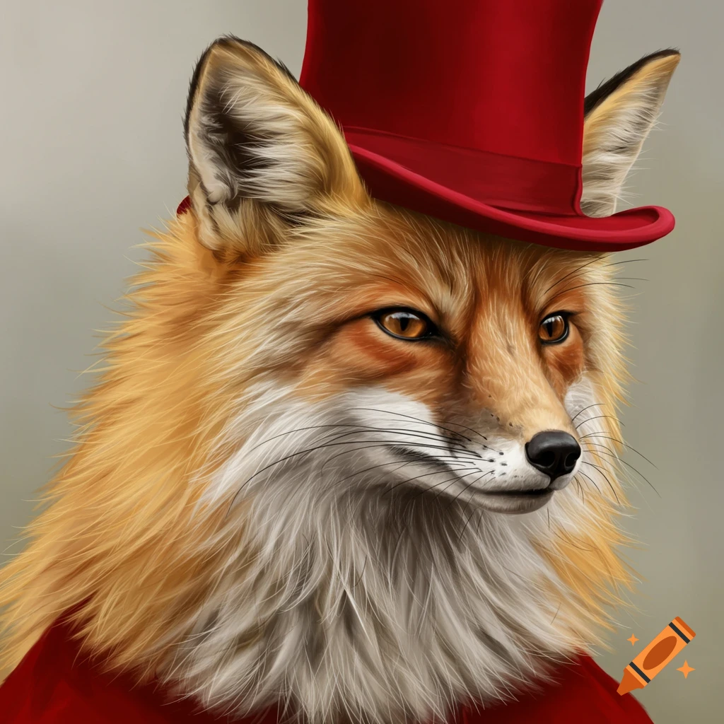 A detailed illustration of a fox wearing a red top hat.