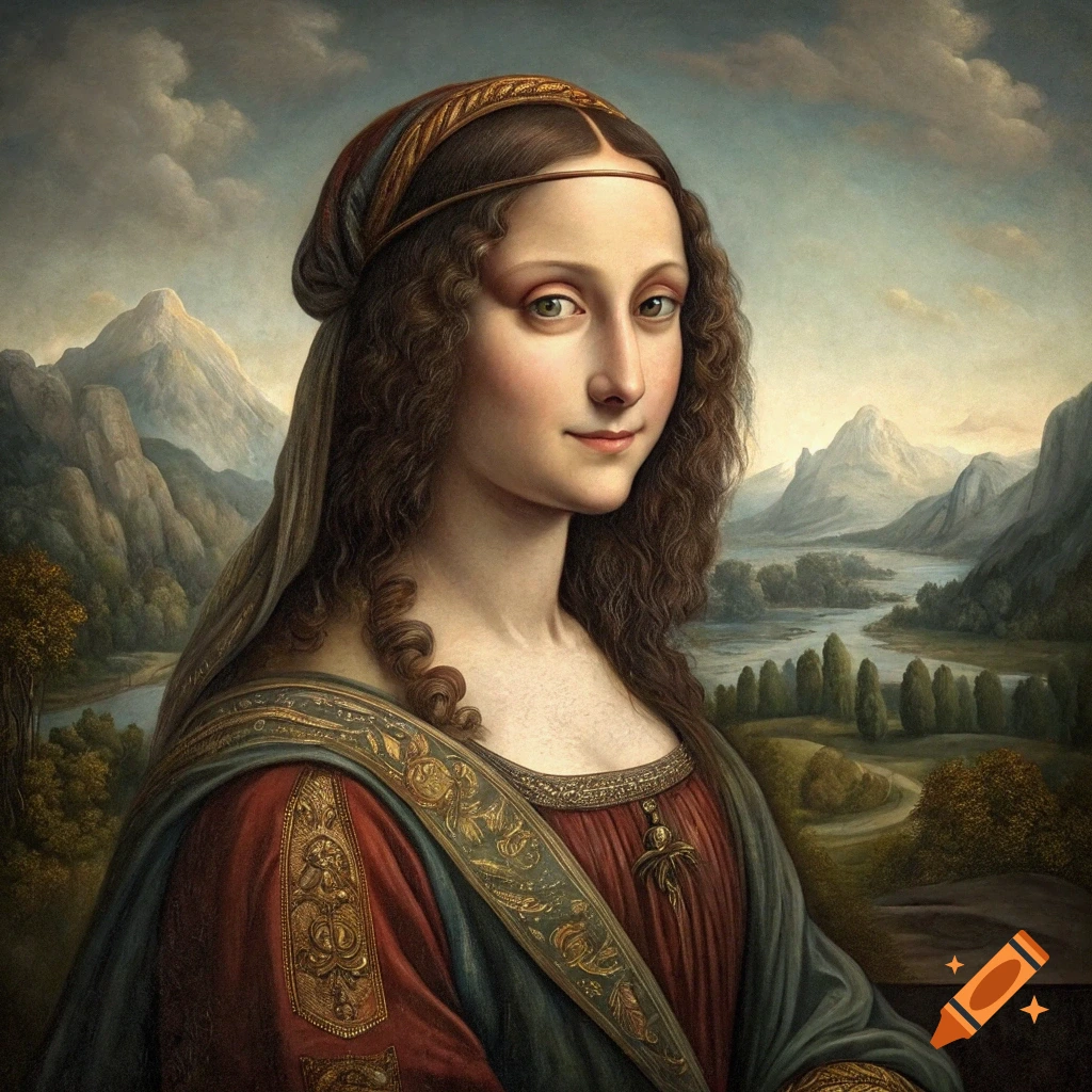 Painting of a woman resembling the Mona Lisa in a Renaissance dress against a landscape background.