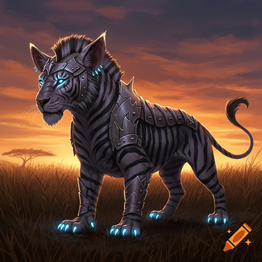 Armored creature with zebra stripes and glowing claws in a sunset savanna.