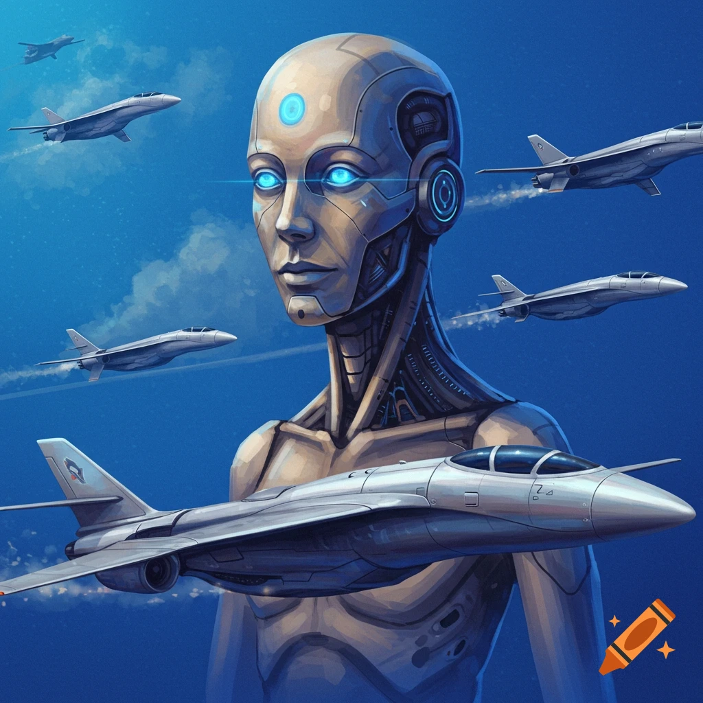 A robot head and torso with glowing blue eyes is surrounded by jet airplanes in a blue sky.