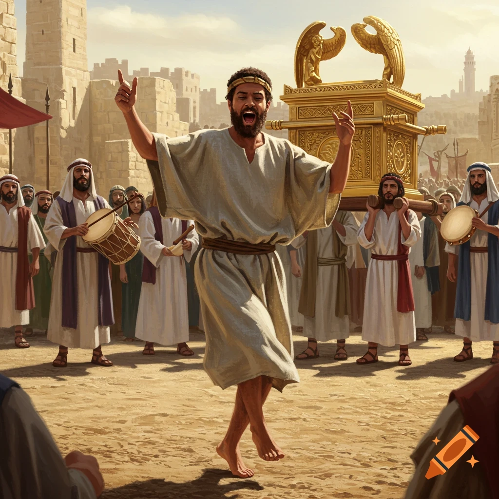King David dances barefoot before the Ark of the Covenant carried by Levites, with musicians and a crowd in ancient Jerusalem. Historical illustration style.