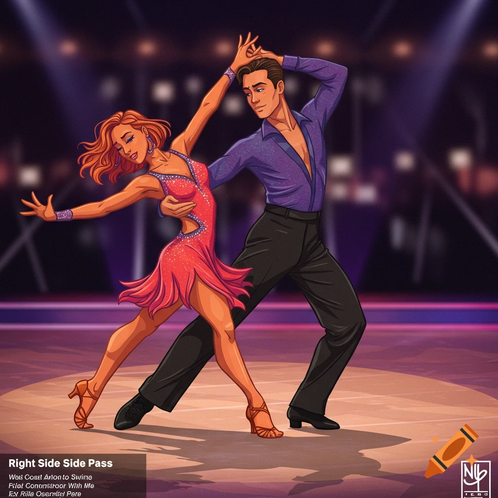 Illustration of a man and woman dancing a West Coast Swing move on a stage.