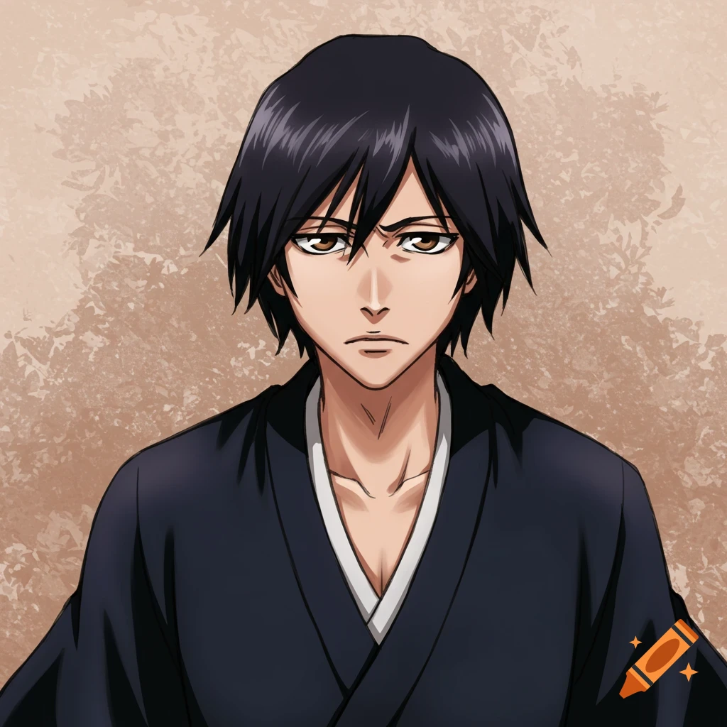 Anime portrait of a man with dark hair and brown eyes in a dark kimono.
