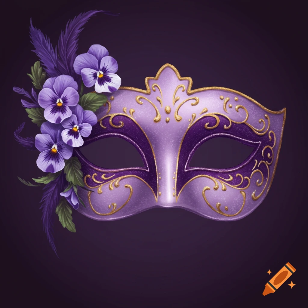 A purple masquerade mask decorated with purple viola flowers and feathers.