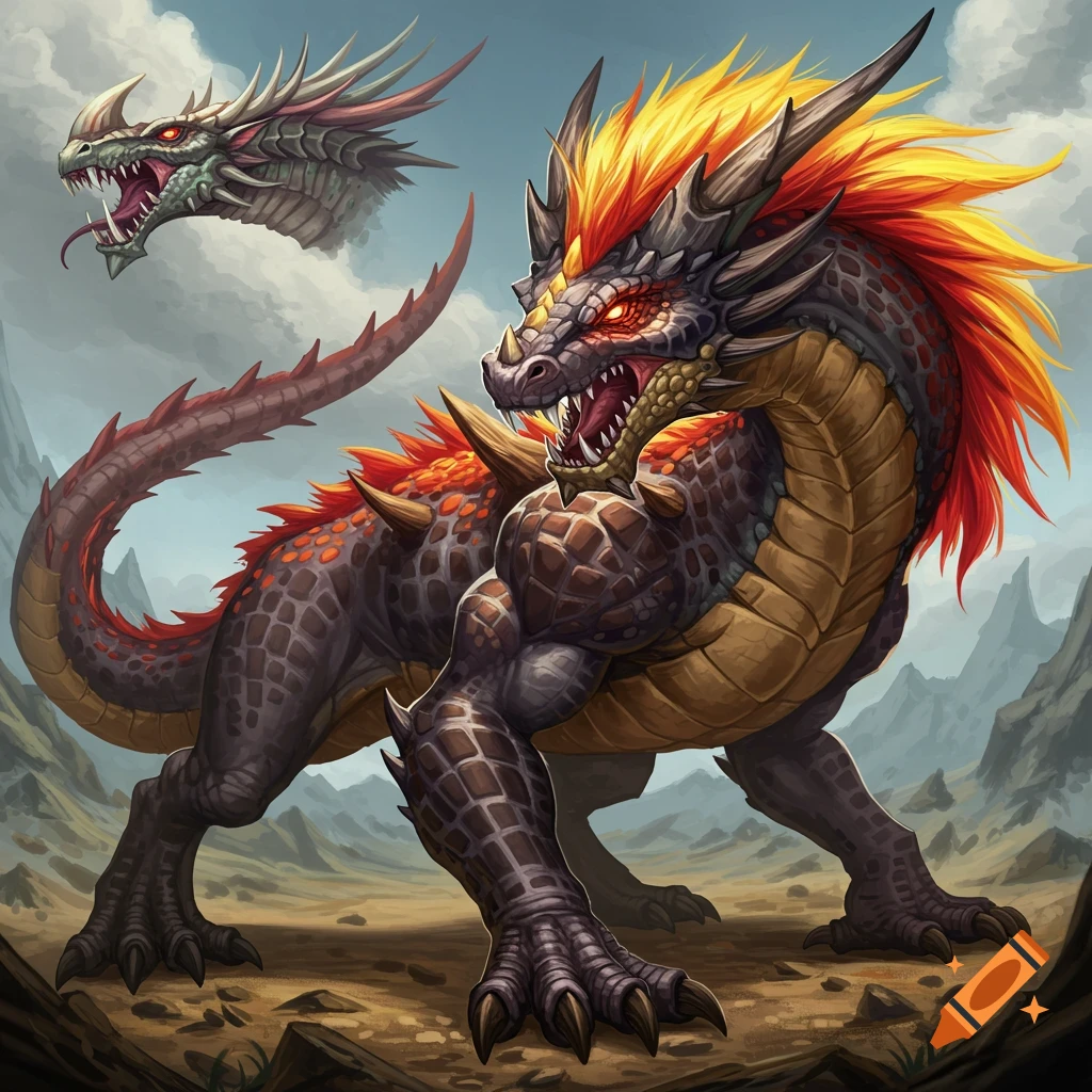 A large spiky fantasy dragon with orange mane, with another dragon head floating above, in a rocky landscape.