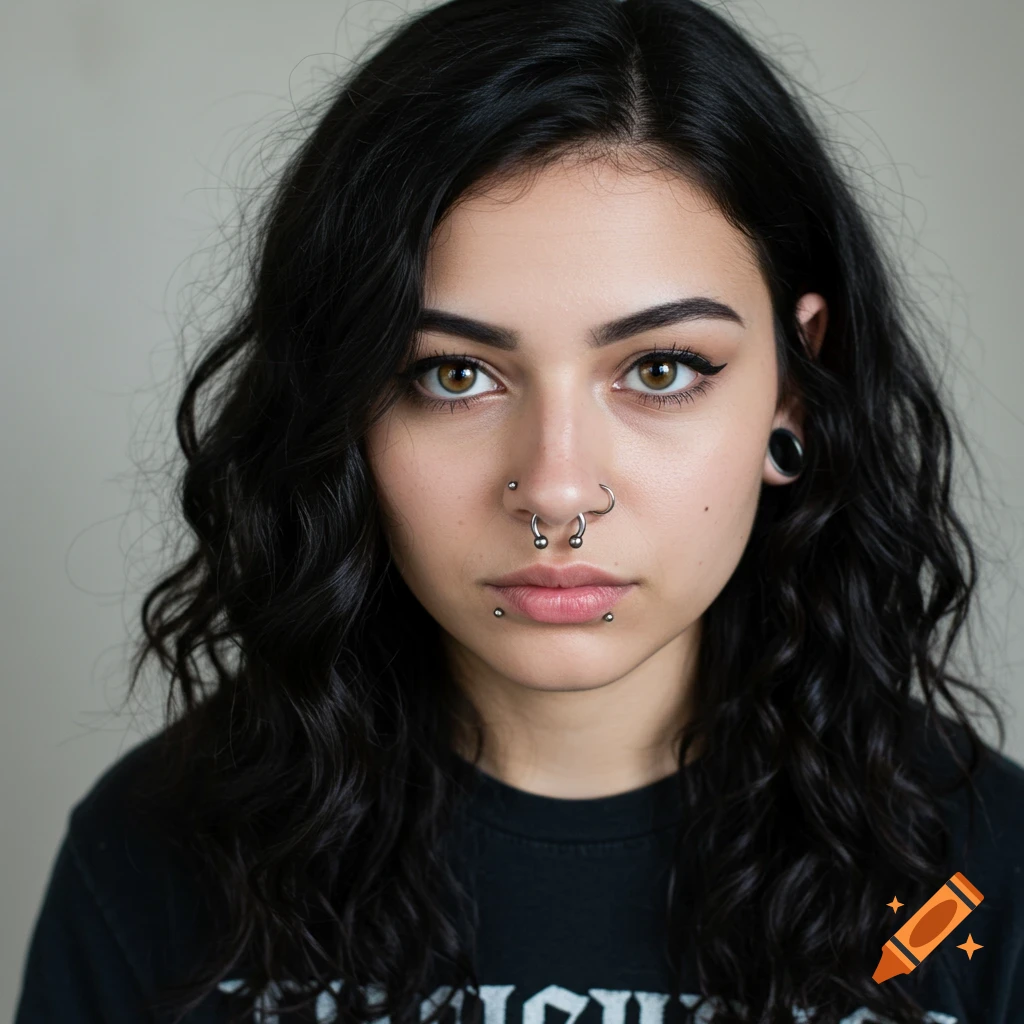 Photorealistic portrait of a young woman with dark wavy hair and face piercings, including a septum ring, stretched septum, lip rings, and stretched earlobe.