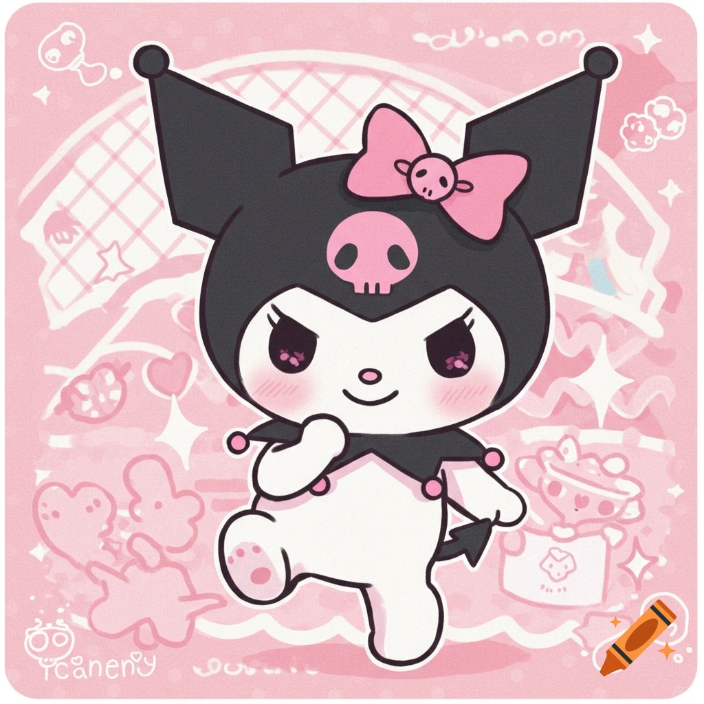 Cute cartoon of the character Kuromi posing in a pink setting with hearts and stars.