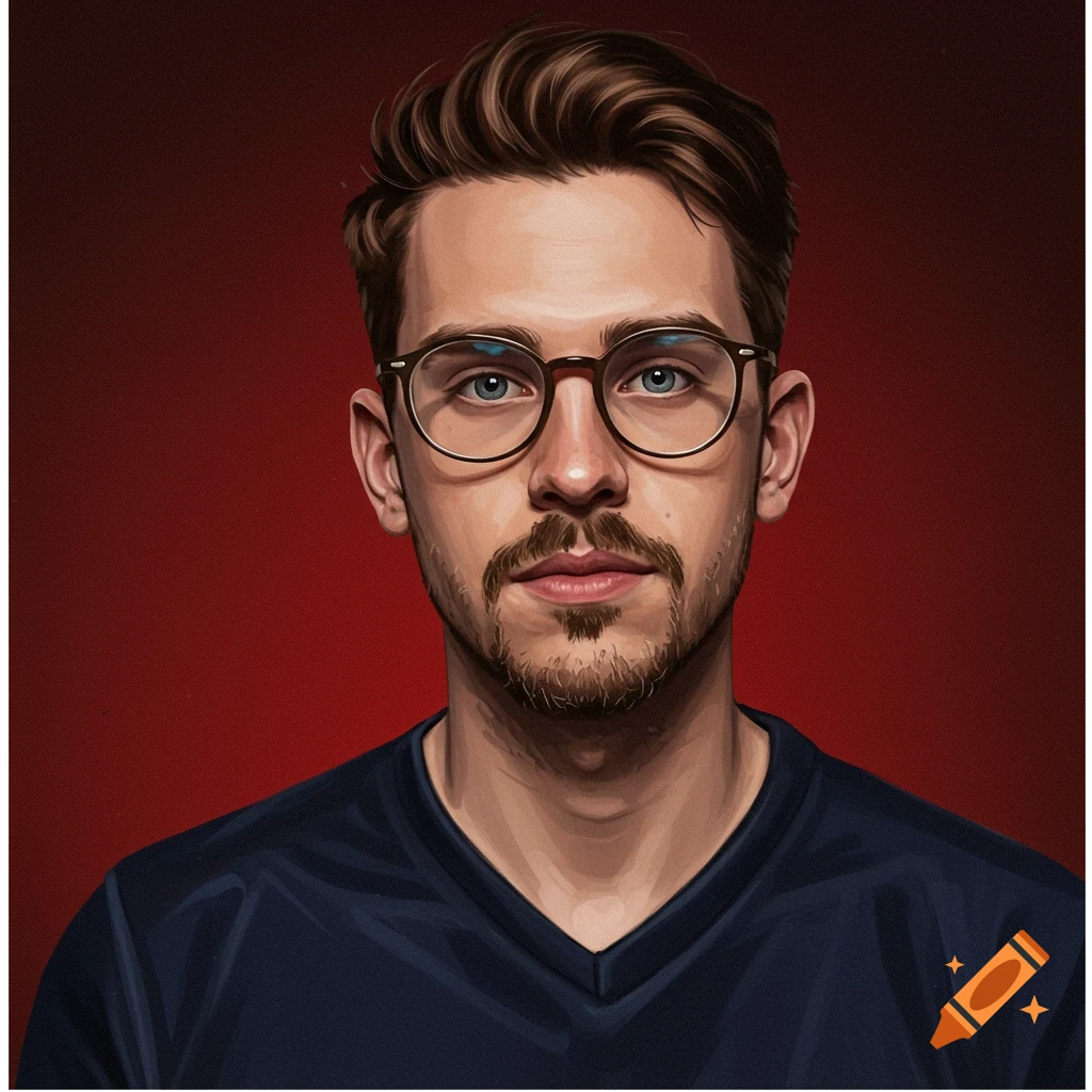 Portrait of a man with glasses and a beard against a red background.