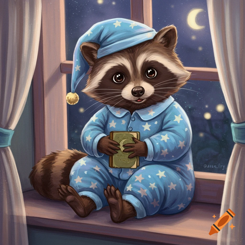 A cartoon raccoon in starry blue pajamas sits on a windowsill at night, holding a book.