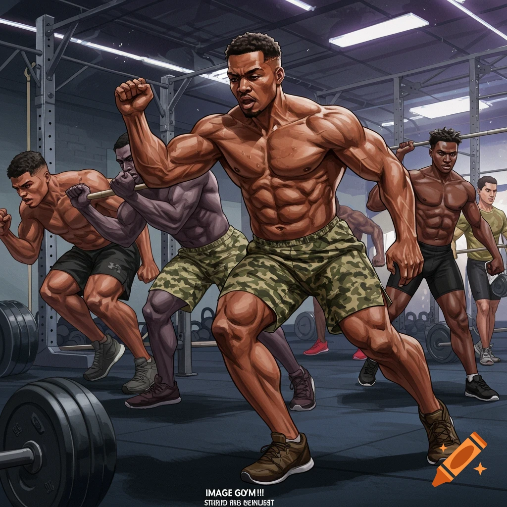 muscular men working out dynamically in a gym.