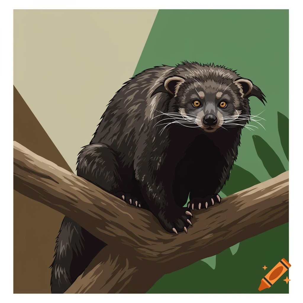 A vector graphic of a binturong sitting on a tree branch.