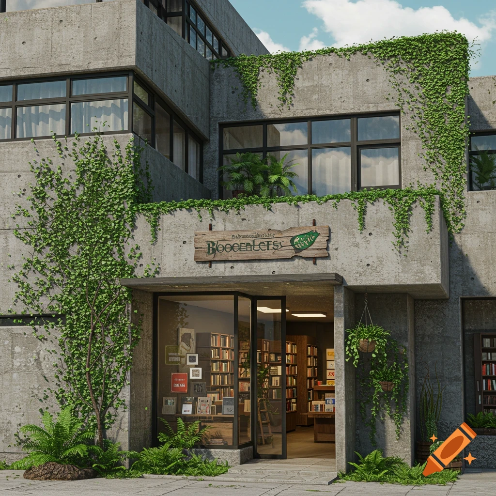 Facade of a brutalist bookstore covered in green plants.