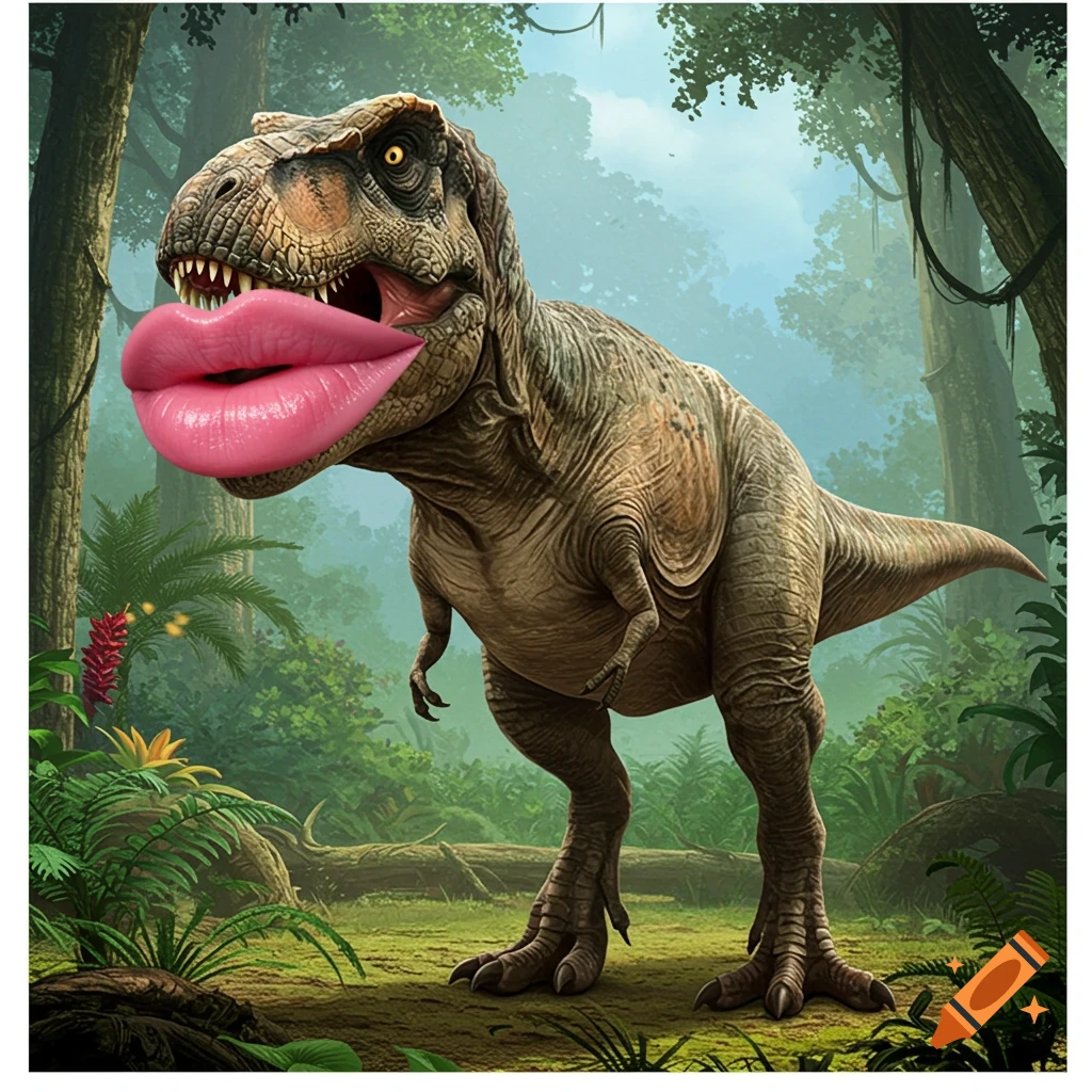 A T-Rex with large pink lips stands in a jungle.