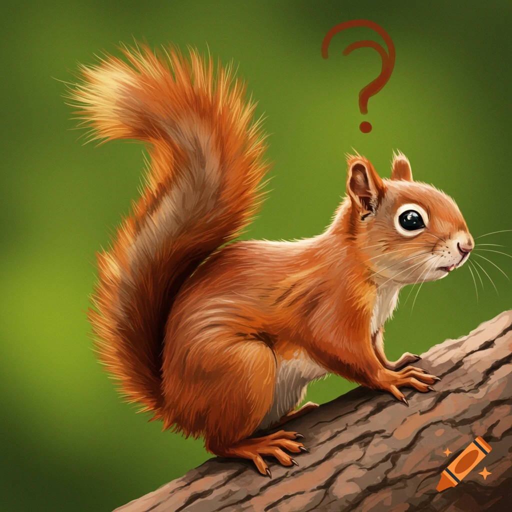 A red squirrel is perched on a branch with a question mark floating above its head.